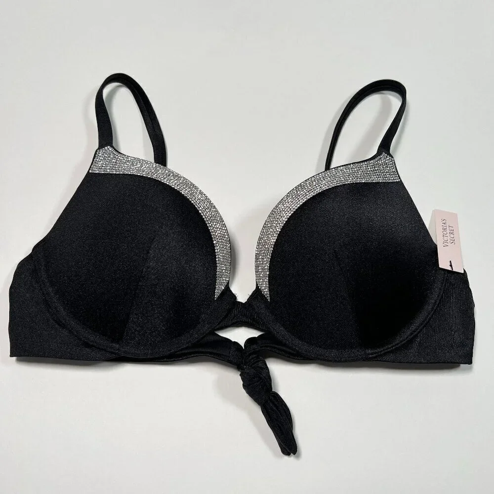 Victoria Secret 36DD VERY SEXY Push Up Bikini Top Shine Trim Back Tie Black